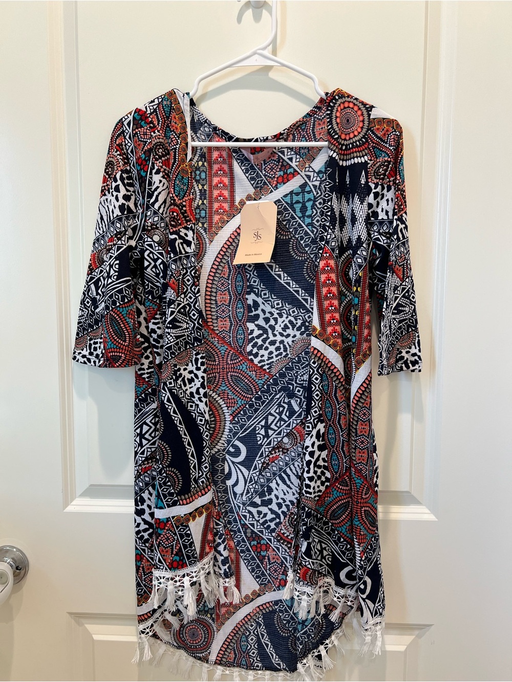 SJS Multi-Color Printed Midi Dress with Fringe Hem